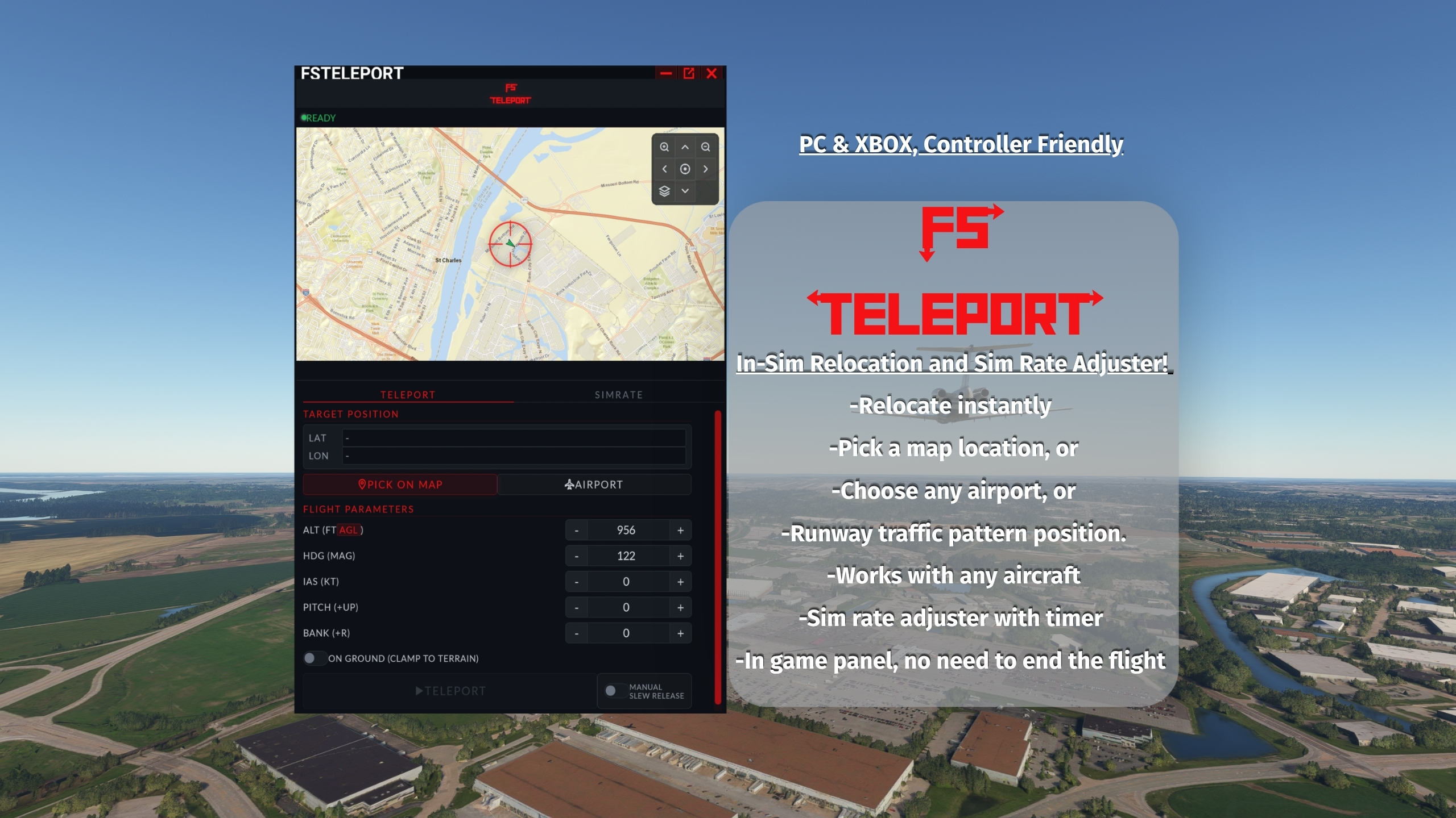 FS Teleport panel inside MSFS showing map and teleport controls